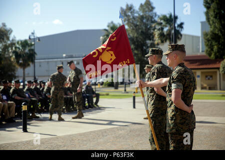 Ein Marine mit der Bekämpfung der Logistik Bataillon 2, steht bei Parade Rest mit dem Bataillon guidon während der Übertragung der Autorität Zeremonie am 25. April 2016, an der Naval Air Station Sigonella, Italien. Oberstleutnant Matthew Hakola, dem kommandierenden Offizier für CLB-6, übertragene Autorität von Special Purpose Marine Air-Ground Task Force zur Bekämpfung der Krise Response-Africa Logistik Element Oberstleutnant Randall Jones, der kommandierende Offizier der CLB-2. (U.S. Marine Corps Foto von Cpl. Alexander Mitchell/freigegeben) Stockfoto