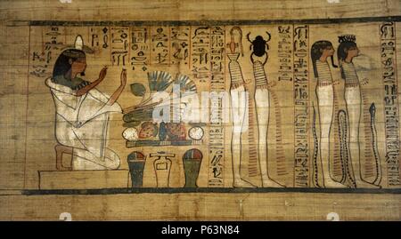 Anbetung von Ra im Westen, Litanei von Ra. Papyrus. 3. Zwischenzeit. 21. Dynastie. 1075-946 v. Chr.. Theben, Ägypten. Neues Museum. Berlin. Deutschland. Stockfoto