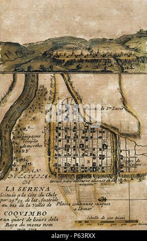 AMERICA DEL SUR. CHILE. SIGLO XVIII. CHILE. LA SERENA. Plano de la Ciudad, Capital de la Provincia de Coquimbo. Puerto Pesquero. Fue en el año 1543 fundada por Juan Bohón obedeciendo órdenes de Pedro de Valdivia. En el año 1730 La destruyó un terremoto. COQUIMBO. Situado a un cuarto de Legua de la Bahía del mismo Nombre. Dibujo del mes de Oct del 1713. Grabado francés de 1716. Stockfoto