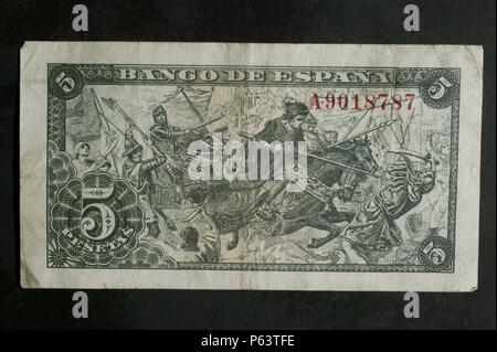 DINERO: BILLETE DE CINCO PESETAS DE 1945. ANVERSO Y REVERSO CON DE REPRESENTACION CAPITULACIONES DE SANTA FE. Stockfoto