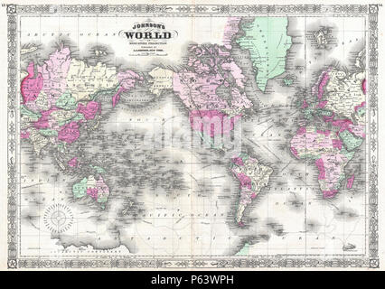 1865 Johnson Karte der Welt auf der Mercator-projektion - Geographicus - WorldMerc - Johnson-1865. Stockfoto