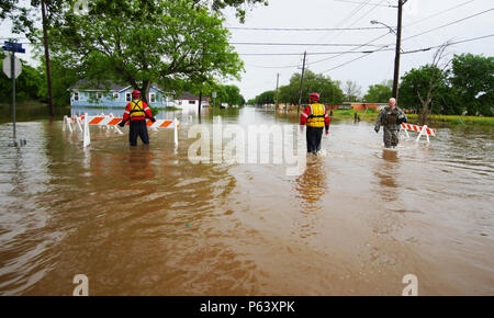 Texas Wachposten und Texas Task Force 1 Rettungskräfte durch Oberschenkel Wade - tiefes Wasser gestrandeten Bewohner zurück zur Rettung von Fahrzeugen, die während der schweren Überschwemmungen in Wharton, Texas, 21. April 2016 zu helfen. In Abstimmung mit Texas Task Force 1 und die Stadt von Wharton Notdienste, eine Loslösung von Delta Unternehmen der Annahme Brigade Support Battalion, Texas Army National Guard mehrere leichte Multi-Gelände Fahrzeuge das Hochwasser die Rettung von Menschen und Haustiere eingesetzt. (U.S. Army National Guard Foto von 1 Lt Zachary West) Stockfoto