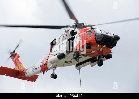 Ein Hubschrauber Crew von Coast Guard Air Station Sitka Hebezeuge ungefähr 1.300 Fuß der Ölinhalt Ausleger mit Gepäcknetzen in Juneau, Alaska, 26. Juni 2018. Die Hoist war Teil einer Bemühung zu prüfen und Öl Auffangwanne Boom über Echo Cove und Cowee Creek, Alaska bereitstellen, als Teil einer geografischen Strategie im Südosten Alaska Bereich Verfügbarkeitsplan aufgeführt. U.S. Coast Guard Foto von Petty Officer 1st Class Jon-Paul Rios. Stockfoto