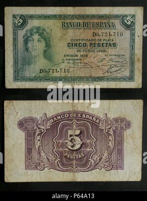 DINERO: BILLETE DE CINCO PESETAS DE 1935. ANVERSO: BUSTO MUJER COMO ALEGORIA A LA REPUBLICA. LEYENDAS: CERTIFICADO DE PLATA Y DE CURSO LEGAL. REVERSO: SÜNDE FONDO. MEDIDA: 89 x 50 mm. Stockfoto