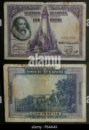 DINERO: BILLETE DE CIEN PESETAS DE 1928. ANVERSO: BUSTO DEL ESCRITOR MIGUEL DE CERVANTES Y UNA REPRODUCCION DEL MOMUMENTO EIN CERVANTES DE LA PLAZA DE ESPAÑA DE MADRID. REVERSO: CUADRO DE Luis Menendez Pidal "ENCUENTRO DE DON QUIJOTE CON LOS DUQUES'. COMO MARCA AL AGUA LLEVA LA CABEZA DEL QUIJOTE. TAMAÑO: 128 x 90 mm. Stockfoto