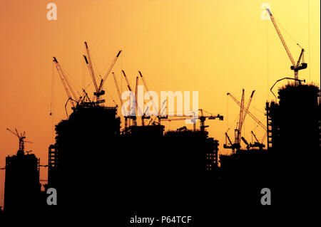 Krane bei Sonnenuntergang, Dubai, Vereinigte Arabische Emirate, 10. April 2005. Stockfoto