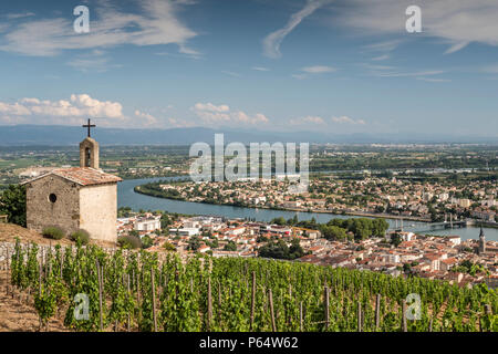 Über die Weinberge in Tain l'Hermitage Drôme Auvergne-Rh ône-Alpes Frankreich Stockfoto