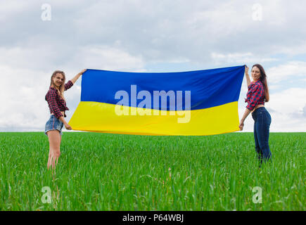 Zwei junge schöne ukrainische Mädchen mit einem ausgezeichneten Abbildung entfaltete die Ukrainische gelbe und blaue Flagge gegen den blauen Himmel und die grüne g Weizen fie Stockfoto