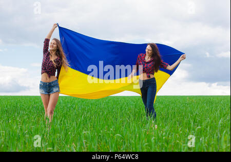 Zwei junge schöne ukrainische Mädchen mit einem ausgezeichneten Abbildung entfaltete die Ukrainische gelbe und blaue Flagge gegen den blauen Himmel und die grüne g Weizen fie Stockfoto