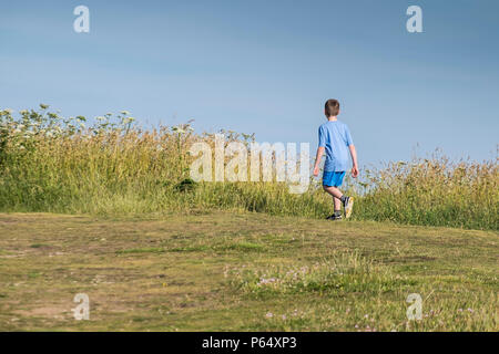 Ein Junge allein zu Fuß durch ein Feld in der Landschaft. Stockfoto