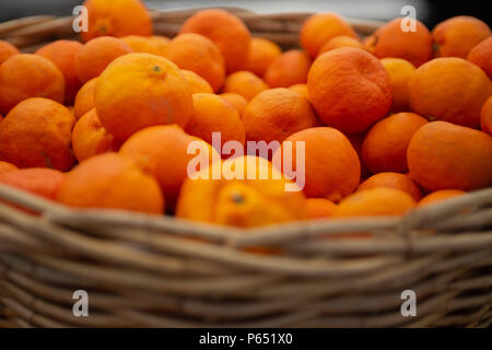 Weidenkorb von Orangen Stockfoto