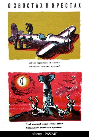 Weltkrieg zwei, die sowjetische Propaganda Postkarte mit einem deutschen Flugzeug am Nachmittag für einen Angriff auf Russland vorbereitet. Die untere Hälfte des Bildes zeigt das gleiche Flugzeug wie es abgestürzt ist oder abgeschossen worden, dass am selben Abend. Stockfoto