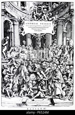 Titelseite, die erste Ausgabe der "De Humani Corporis Fabrica", von Andreas Vesalius, (1514-1564) Platte 2, 1543. Stockfoto