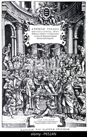 Titelblatt zur zweiten Auflage von "De Humani Corporis Fabrica" von Andreas Vesalius, (1514-1564), Platte 3, 1555. Stockfoto