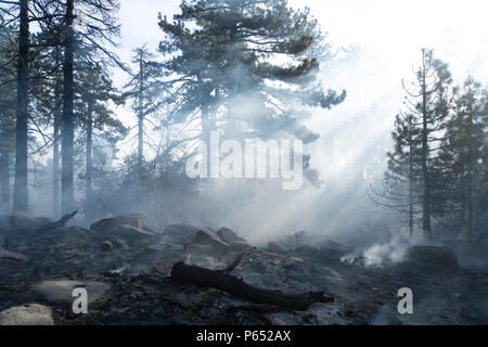 San Jacinto Mountains, CA - 29. März: Serrano gebürtige Amerikaner bleibt für eine reibungslose Mörtel Löcher in den Felsen, wo Eicheln und Samen für Nahrungsmittel in San Jacinto Mountains, Kalifornien am 3. April 2018 vorbereitet wurden. Stockfoto