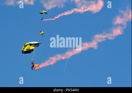 160416-N-RR 852-016 KNOXVILLE, Tenn (April 16, 2016) Mitglieder der U.S. Navy Fallschirm demonstration Team, den Sprung Frösche, Fallschirm über Neyland Stadium während Knoxville's Marine Woche. Die marine Woche Programm soll das Bewusstsein über die Marine in Bereichen über dem Land, die traditionell Keine naval Anwesenheit haben zu heben, und Amerikas Marine näher an die Menschen, die es durch gemeinschaftliche Beziehungen Projekte, Vorträge, Wissenschaft, Technologie, Ingenieurwesen, Mathematik (STEM) Vorführungen und Interviews in den Medien mit Fahne Hosts und lokale Bereiche Seeleute schützt zu bringen. (U.S. Marine Foto b Stockfoto
