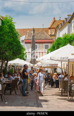Cordoba Cafe Bar, mit Blick auf die Menschen draußen sitzen Cafés und Bars in der beliebten Calle Enrique Romero Torres in der Stadt Cordoba, Andalusien, Spanien. Stockfoto