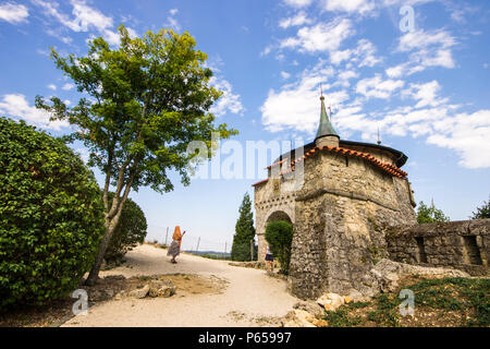 Die Anlage von Schloss Lichtenstein (Schloss Lichtenstein), ein Schloss im neugotischen Stil mit Blick auf die echaz Tal in der Nähe von Honau, Reutlingen gebaut, Stockfoto