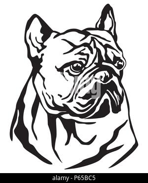 Dekorative Portrait von Hund Französische Bulldogge, Vektor isoliert Abbildung in schwarz auf weißem Hintergrund. Bild für Design und Tattoo. Stock Vektor