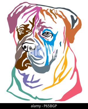 Bunt dekorativ Portrait von Hunde Bullmastiff, Vector Illustration in verschiedenen Farben auf weißem Hintergrund. Bild für Design und Tattoo. Stock Vektor