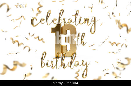 Feiern 13. Geburtstag gold Grußkarte mit Konfetti. 3D-Rendering Stockfoto