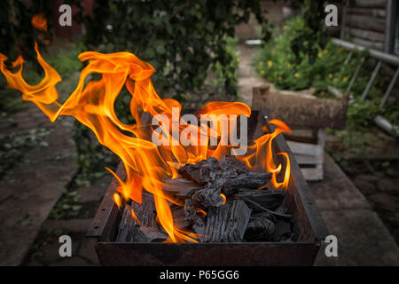 Ein Close-up in einem mettalic Grill brennt eine helle Kohlen für das Braten Shish Kebab im Hintergrund, an einem warmen Sommertag Stockfoto