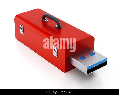Red Toolbox mit USB 3.0 Stecker auf weißem Hintergrund. 3D-Darstellung Stockfoto