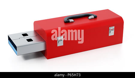 Red Toolbox mit USB 3.0 Stecker auf weißem Hintergrund. 3D-Darstellung Stockfoto