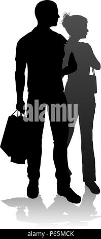 Junge Paar Einkaufen Silhouetten Stock Vektor