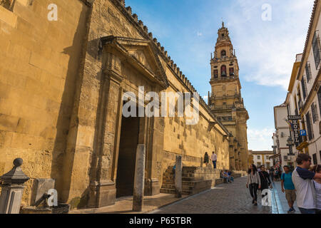 Cordoba Altstadt, Blick bei Sonnenuntergang der äußeren Wand- und Glockenturm der Kathedrale Mezquita Moschee in der Altstadt von Cordoba, Spanien. Stockfoto