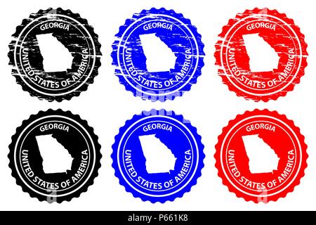 Georgien - Stempel - Vektor, Georgia (Vereinigte Staaten von Amerika) Karte Muster - Aufkleber - Schwarz, Blau und Rot Stock Vektor