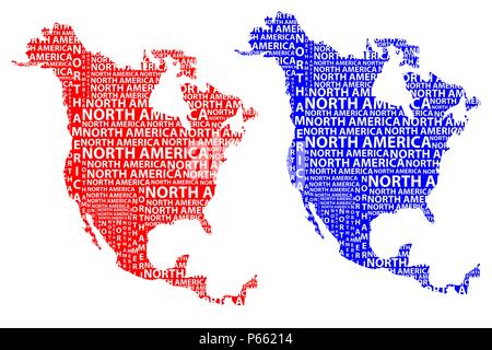 Skizze Nordamerika schreiben Text Kontinent Nordamerika Wort - in der Form des Kontinents, Karte von Kontinent Nordamerika - Rot und Blau Vektor i Stock Vektor