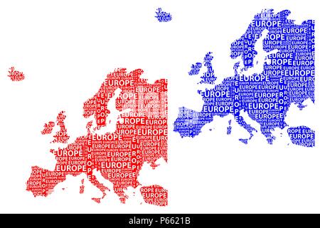 Skizze Europa schreiben Text Kontinent, Europa Wort - in der Form des Kontinents, Karte von Kontinent Europa - Rot und Blau Vector Illustration Stock Vektor