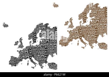 Skizze Europa schreiben Text Kontinent, Europa Wort - in der Form des Kontinents, Karte von Kontinent Europa - braun und schwarz Vector Illustration Stock Vektor