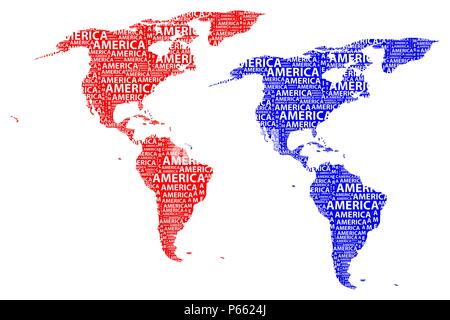 Skizze Amerika schreiben Text Kontinent, Nord- und Südamerika - in der Form des Kontinents, Karte von Kontinent Amerika - Rot und Blau vector krank Stock Vektor