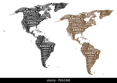 Skizze Amerika schreiben Text Kontinent, Nord- und Südamerika - in der Form des Kontinents, Karte von Kontinent Amerika - braun und schwarz Vektor Stock Vektor