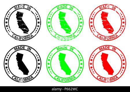 In Kalifornien gebildet - Stempel - Vektor , Kalifornien (Vereinigte Staaten von Amerika) Karte Muster - Schwarz, Grün und Rot Stock Vektor