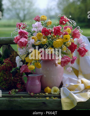 Still-Life in rosa und gelben Ranunculus in Vase auf gartenbank Stockfoto