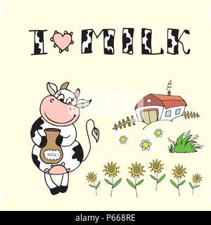 Cute cartoon Kuh, Bauernhof Hintergrund und ich liebe Milch Inschrift, Vektor illustration Stock Vektor