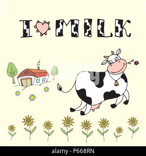 Cute cartoon Kuh, Bauernhof Hintergrund und ich liebe Milch Inschrift, Vektor illustration Stock Vektor