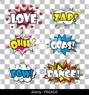 Komische Kunst Sprechblase mit Ausdrücke Aufkleber Set Stock Vektor