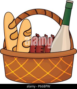 Picknick Korb mit Brot, Wurst und Wein Flasche mit weißem Hintergrund, Vector Illustration Stock Vektor