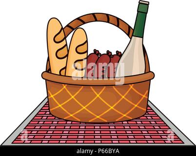 Picknick Korb mit Brot, Wurst und Wein Flasche mit weißem Hintergrund, Vector Illustration Stock Vektor