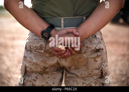 Cpl. Brett J. Nelson, ein Großteil der Spezialist mit Marine Wing Support Squadron 172, erhielt einen III Marine Expeditionary Force Challenge coin von Generalleutnant Lawrence D. Nicholson, III MEF Kommandierender General, am Berg Bundey Airfield, Northern Territory, Australien, am 11. Mai 2016. Nelson, aus Springfield, Ohio, erwarb die Münze für seine herausragenden leiten, während im Einsatz. Nicholson besucht Marines mit Marine Drehkraft - Darwin's Aviation Combat Element bei einem vorwärts Bewaffnung und Auftanken. (U.S. Marine Corps Foto von Cpl. Mandaline Limousine/Freigegeben) Stockfoto