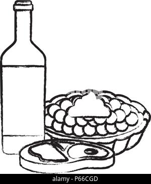 Das Essen bei einem Picknick mit Wein Flasche mit süßen Kuchen und Fleisch Steak auf weißem Hintergrund, Vector Illustration Stock Vektor