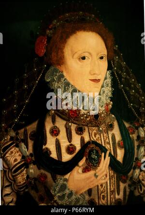 Portrait von Königin Elizabeth von England ist von einem unbekannten Künstler ca. 1585-95. Queen Elizabeth war eine Tudor House Monarchen, der von 15558-1603 regierte. Stockfoto