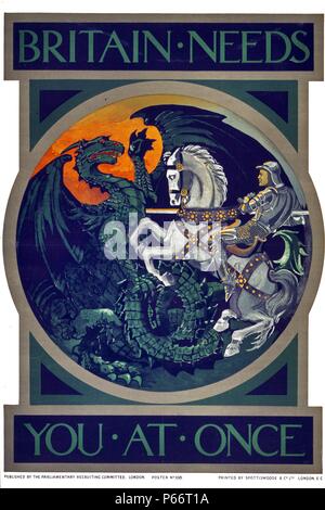 Großbritannien braucht Sie auf einmal. Poster mit St. George slaying Dragon; Szene in roundel Format. Im Ersten Weltkrieg von der Britischen parlamentarischen Einstellungsausschusses, 1915 veröffentlicht. Stockfoto