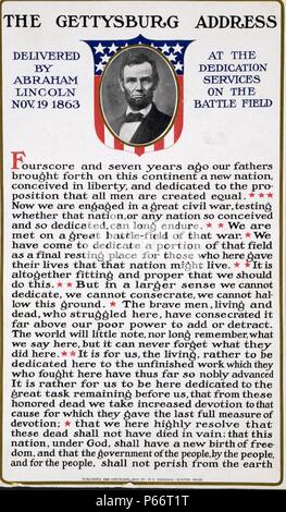 Der Gettysburg Address von Abraham Lincoln 19.11.1863 bei der Einweihung Dienstleistungen auf dem Schlachtfeld im Jahre 1909 veröffentlicht. zeigt eine Büste Portrait von Abraham Lincoln über Text der Gettysburg Address. Stockfoto