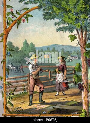 Geschenk für die grangers c 1873. chromolithograph. Werbeartikel drucken für Grange Mitglieder mit Szenen der Landwirtschaft und das Leben auf dem Bauernhof. Stockfoto