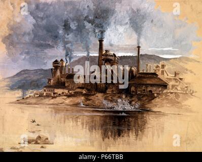 Bethlehem Steel Works 1881. von Joseph Pennell, 1857-1926, Künstler. Pennsylvania, Bethlehem. Aquarell in Sepia Braun, Weiß und Grau, auf festem Papier. Blick über den Fluss zu relativ kleinen Stahl sind verschiedene Schornsteine, einer weht Feuer, rauchiger Himmel, Hügel dahinter. Stockfoto